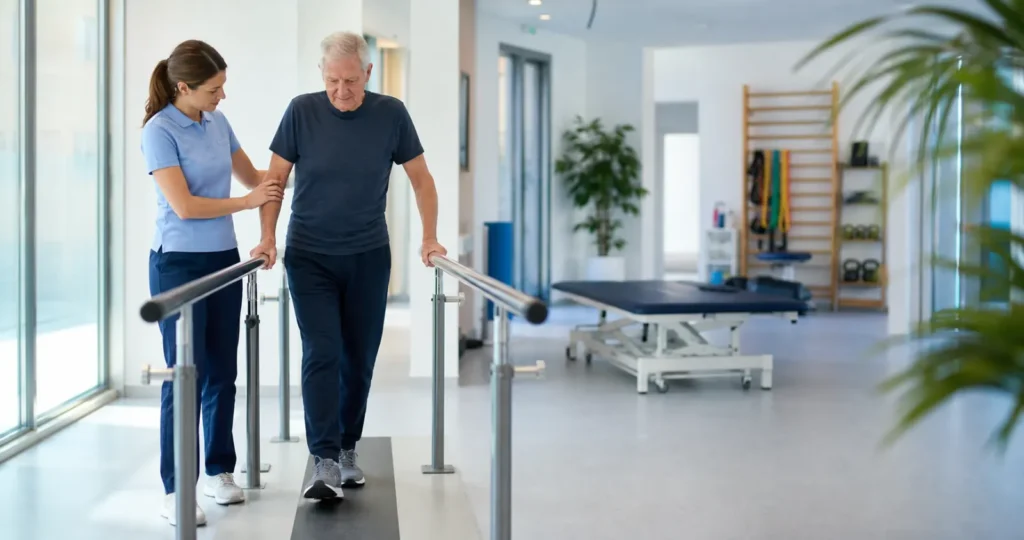 Physiotherapist supporting an older adult during walking rehabilitation