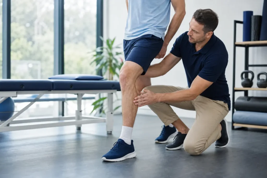 Sports physiotherapist assessing a runner’s knee and lower-limb movement